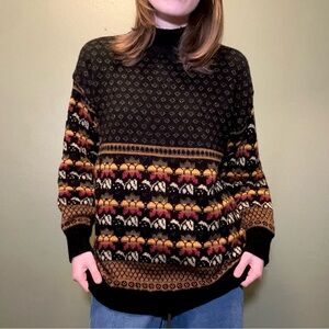 Vintage Mock Neck Sweater with Black Multicolored Pattern